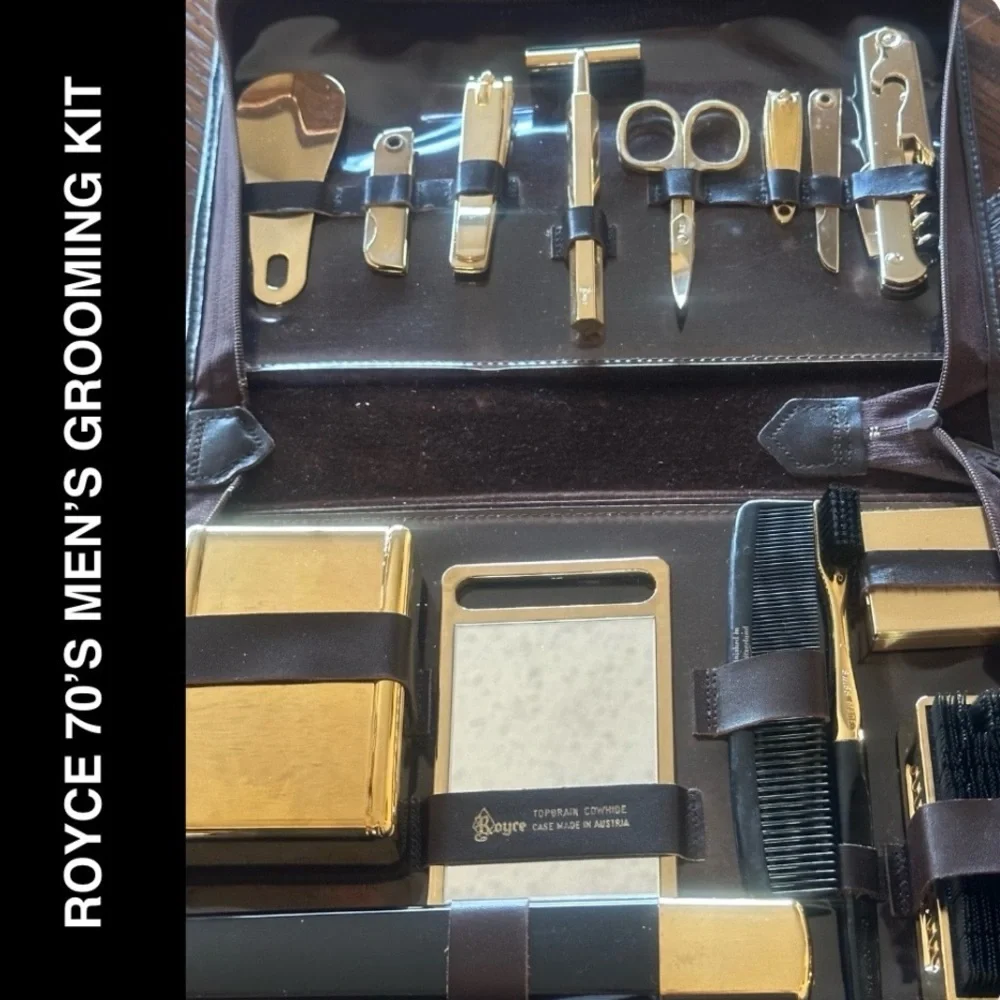 Vintage 1970s Royce Leather Men’s Grooming Kit - Made in Austria Gold Tone Tools - Picture 17 of 17